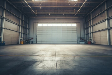 Roller door or roller shutter, concrete floor in industrial building i.e. modern factory, plant,...