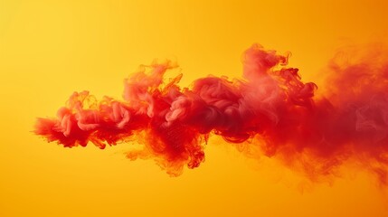 A red fiery smoke isolated on a yellow background. The smoke looks like a raging fire, burning and consuming everything in its path.  - obrazy, fototapety, plakaty