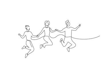 Fototapeta na wymiar people group team together fun jump happiness one line art design