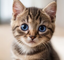 Obraz premium A cute kitten with red fur and blue eyes looks at the camera. AI generated.