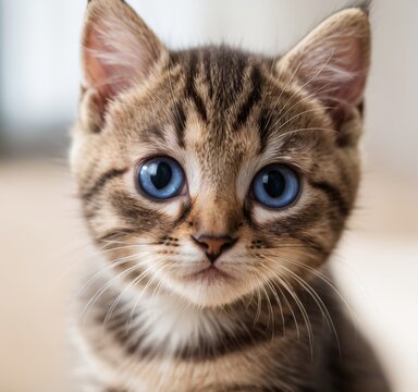 A cute kitten with red fur and blue eyes looks at the camera. AI generated.