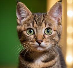 Obraz premium Close-up portrait of a kitten with golden chinchilla fur, green eyes, intelligent look. AI generated.