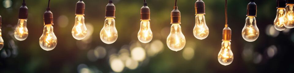 Hanging light bulbs in a row illuminate the outdoor space