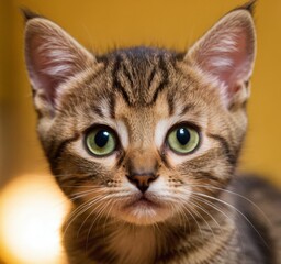 Obraz premium Close-up portrait of a kitten with golden chinchilla fur, green eyes. Looks at the camera. AI generated.