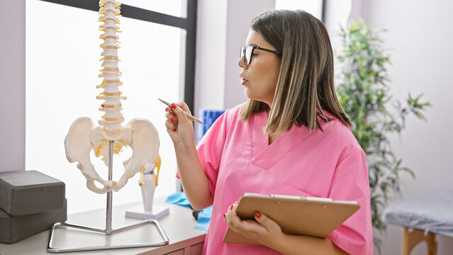 Hispanic woman in pink scrubs studying a spine model at a medical clinic