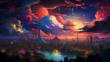 A top view of a vibrant rainbow spanning across a vibrant cityscape at night, with fluffy clouds and illuminated buildings, showcasing the dynamic and colorful nightlife