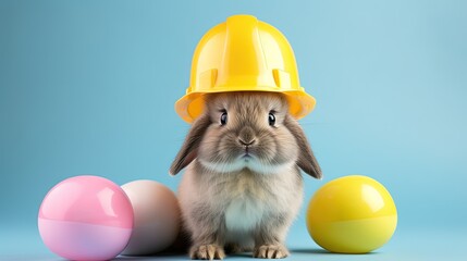 Have a safe happy easter. Cute bunny wearing a pink hard hat and colorful easter eggs on blue background, Generative AI - obrazy, fototapety, plakaty