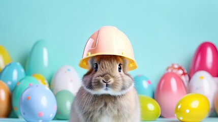 Have a safe happy easter. Cute bunny wearing a pink hard hat and colorful easter eggs on blue background, Generative AI - obrazy, fototapety, plakaty