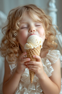 Happy child eating ice cream in a waffle cone travel outdoors vertical image. A happy and contented child