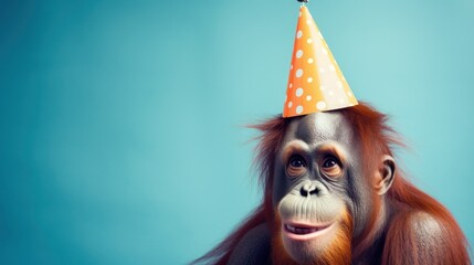Funny orangutan with birthday party hat on blue background. - obrazy, fototapety, plakaty