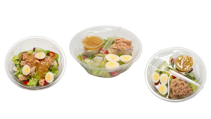 Fresh tuna salad with lettuce, cucombers, cherries and eggs in plastic container.