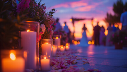 An enchanting outdoor wedding aisle decorated with candles and petals under a breathtaking sunset sky creates a dreamy atmosphere.