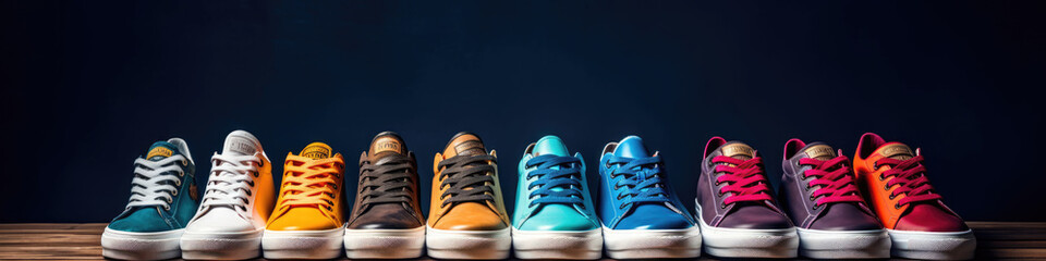 Colorful sneakers in a row showcase an athletic collection