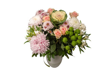 Bouquet of flowers with pink roses, brassica flower, chrysanthemum and freesia flower in a vase.
