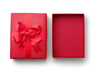 Red open gift box with ribbon isolated on white background 