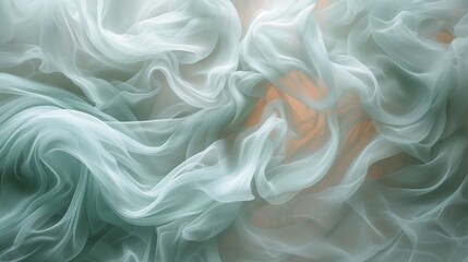 Cascading ribbons of ethereal turquoise, soft coral, and shimmering pearl white smoke elegantly billowing on a solid sepia canvas, forming a tranquil and enchanting abstract scene. 
