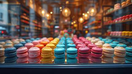 Tipici dolci francesi, macarons colorati disposti nella vetrina di una pasticceria  - obrazy, fototapety, plakaty