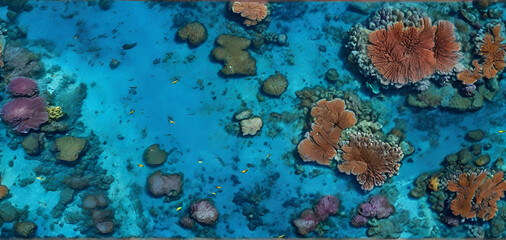 Aerial view on Great Barrier Reef close up on corals in different shades of blue and turqouise color, The Great Barrier Reef, AI generated
