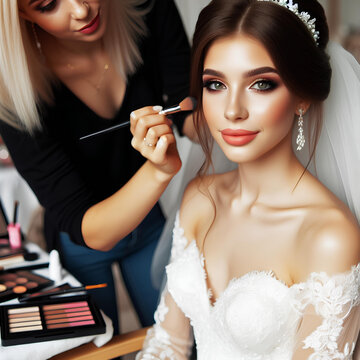 young bride woman sits in the chair of a makeup artist who does her makeup
