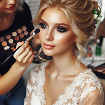 young bride woman sits in the chair of a makeup artist who does her makeup