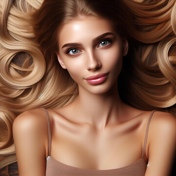 young woman with long blonde hair lying on blonde hair background
