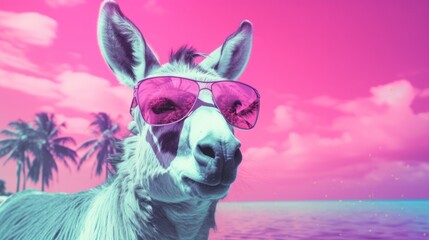 Fantasy vaporwave portrait of retrowave donkey. Pink and blue colors.