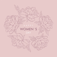 Women`s day greeting card with peonies frame on pink background,square vector illustration