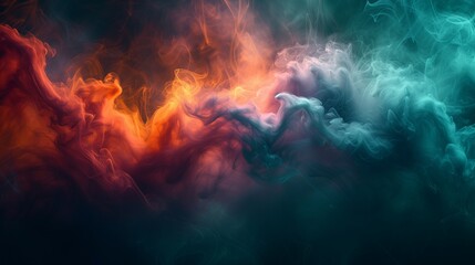 Dynamic wisps of radiant crimson, luminous teal, and cosmic indigo smoke colliding in a lively dance on a deep forest green background, forming a vibrant and energetic abstract spectacle.  - obrazy, fototapety, plakaty