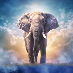 Fototapeta na wymiar Majestic Elephant by the Shore: Moonlit Sky and Water Backdrop