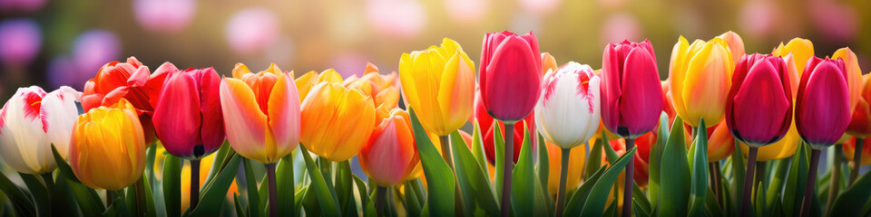 Bright tulips in a row bring a burst of color to the garden © basketman23