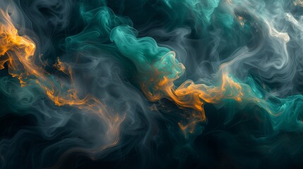 Ethereal tendrils of cerulean, emerald, and goldenrod smoke gracefully dancing against a solid ebony backdrop, creating a captivating abstract display. 