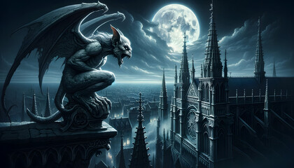 illustration of mythological gargoyles perched atop a Gothic cathedral during a moonlit night - obrazy, fototapety, plakaty
