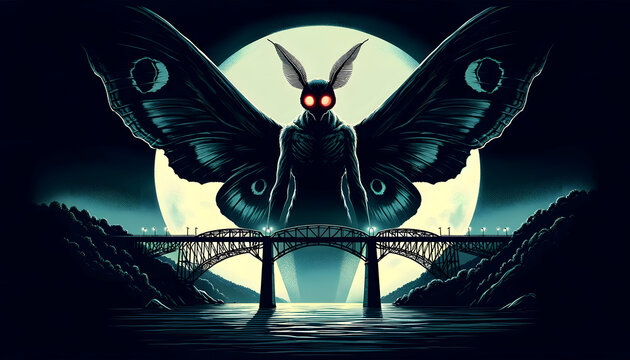 illustration of the mythological creature, Mothman, set against the backdrop of the Point Pleasant bridge at night