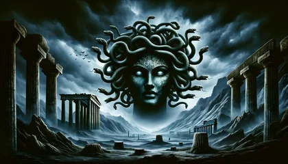 Fotobehang illustration of the mythological creature, the Gorgon, in a dramatic and ancient Greek setting © Massimo Todaro