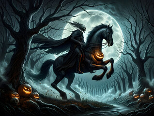 illustration of the mythological creature, the Headless Horseman, in a moonlit, eerie forest setting
