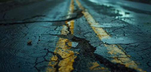 Cracked Asphalt Road Texture. Close-up of a cracks on city street road. Road repairs, accident hazards. - obrazy, fototapety, plakaty