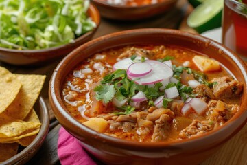 Mexican red pozole rojo soup with pork and vegetables