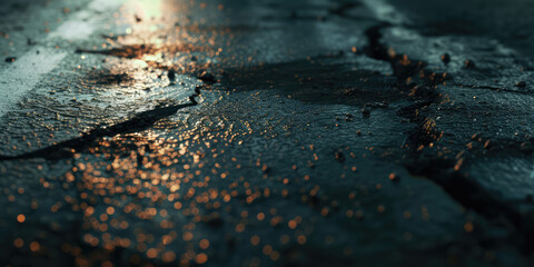 Cracked Asphalt Road Texture. Close-up of a cracks on city street road. Road repairs, accident hazards.