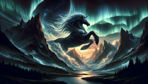 illustration of the mythological creature, Sleipnir, in a dramatic Norse landscape