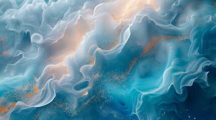 Glistening pools of liquid silver, ethereal turquoise, and rose quartz smoke converging in a seamless dance on a deep sapphire surface, forming a serene and enchanting abstract landscape.  - obrazy, fototapety, plakaty