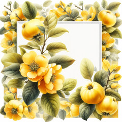 Ripe yellow juicy quince ( Cydonia oblonga ) with green leaves on a white background with space for text.