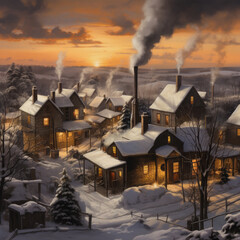 Snow-covered village with smoke rising from chimneys