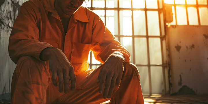 Male prisoner in orange jumpsuit. A man in an orange jumpsuit sits alone in a prison in a solitary confinement cell.