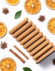 Fototapeta na wymiar Cinnamon-infused cookies adorned with slices of vibrant orange create a delightful and aromatic composition against a clean white background, appealing to both the eyes and the senses.