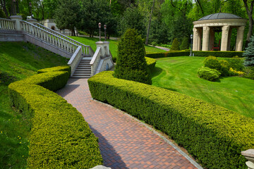 the backyard of the building with steps and entrance in front of which grows bushes of evergreen...