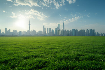 Fototapeta na wymiar A green lawn with the skyline of shanghai in the background.