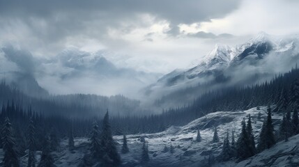 Panorama of the foggy winter landscape in the mountains. copy space for text.