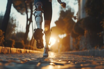 A close-up of an athlete with a prosthetic leg running on a paved surface.