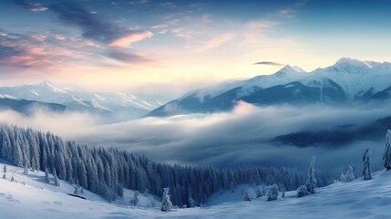 Panorama of the foggy winter landscape in the mountains. copy space for text.