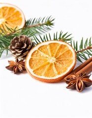 Obraz na płótnie Canvas Slices of orange adorned with cinnamon, star anise, and a Christmas tree branch form a festive arrangement on a white background, creating a visually appealing and aromatic holiday scene.